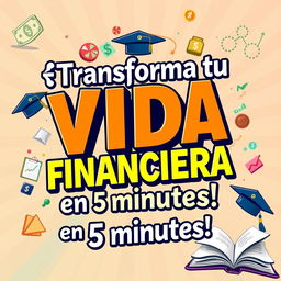 A captivating thumbnail design featuring bold and dynamic text that says "¡Transforma tu VIDA FINANCIERA en 5 minutos!" in Spanish