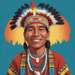 A vivid, colorful cartoon of an indigenous man proudly wearing his traditional attire, displayed in a fun, animated style.