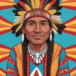 A vivid, colorful cartoon of an indigenous man proudly wearing his traditional attire, displayed in a fun, animated style.