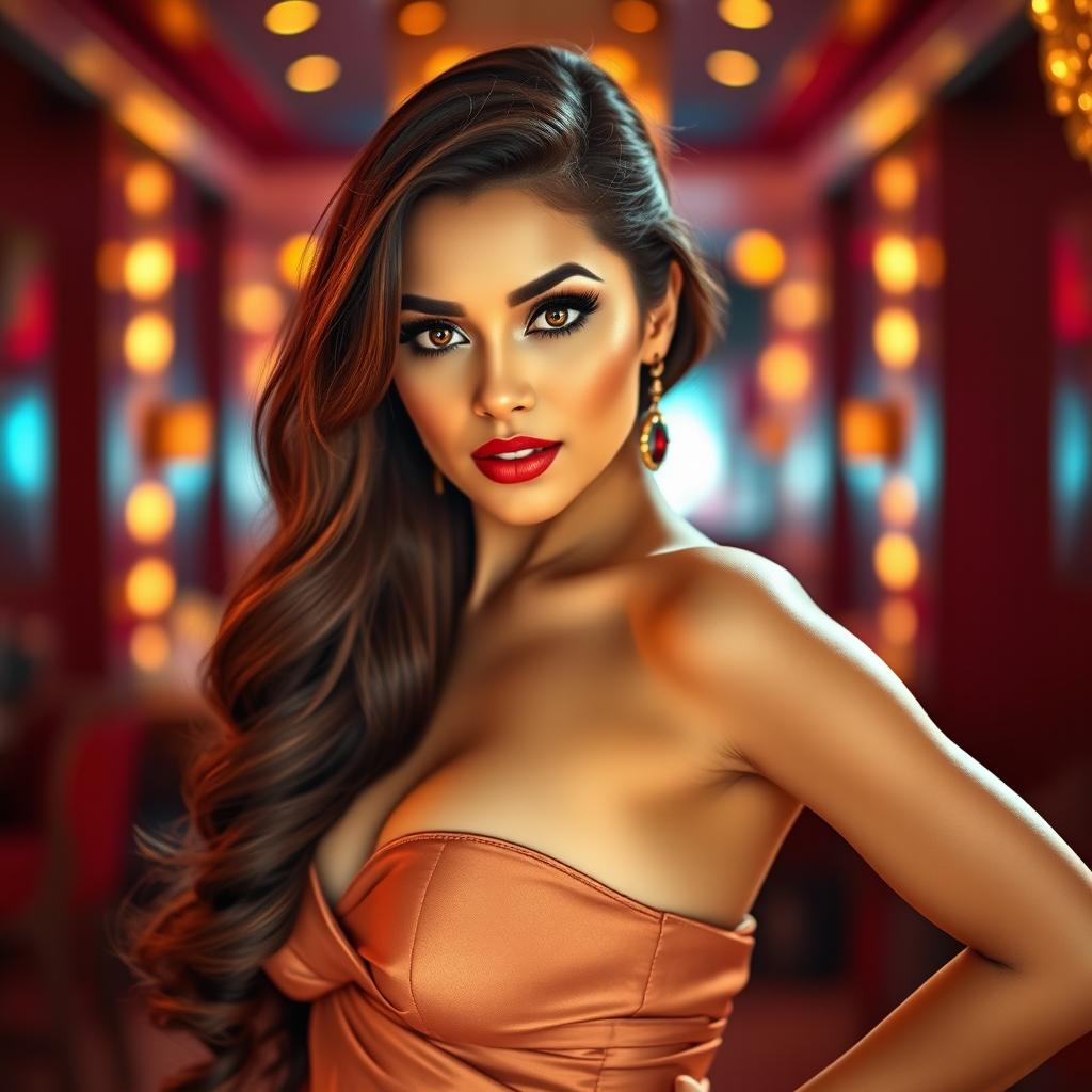 A captivating portrait of a beautiful woman resembling a Bollywood actress, with stunning features and glamorous makeup, standing confidently in sexy high heels