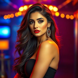 A captivating portrait of a beautiful woman resembling a Bollywood actress, with stunning features and glamorous makeup, standing confidently in sexy high heels