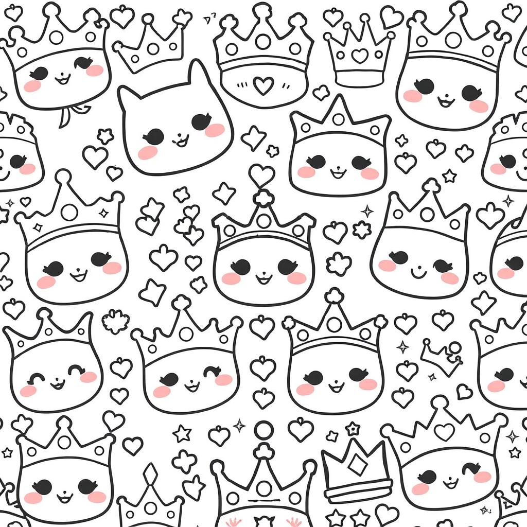 A kawaii-style coloring page featuring an array of different crowns, each designed with adorable facial expressions and playful features