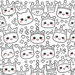 A kawaii-style coloring page featuring an array of different crowns, each designed with adorable facial expressions and playful features