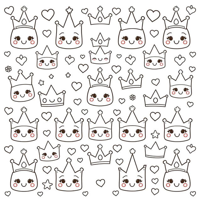 A kawaii-style coloring page featuring an array of different crowns, each designed with adorable facial expressions and playful features