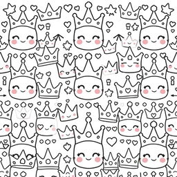 A kawaii-style coloring page featuring an array of different crowns, each designed with adorable facial expressions and playful features