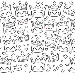 A kawaii-style coloring page featuring an array of different crowns, each designed with adorable facial expressions and playful features