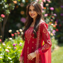 A realistic portrait of a stunning woman dressed in a beautifully designed, vibrant shalwar kameez