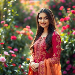 A realistic portrait of a stunning woman dressed in a beautifully designed, vibrant shalwar kameez