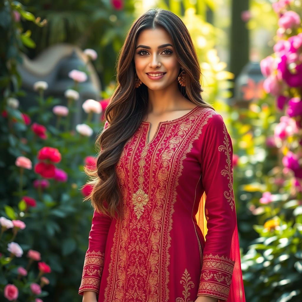 A realistic portrait of a stunning woman dressed in a beautifully designed, vibrant shalwar kameez