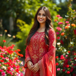 A realistic portrait of a stunning woman dressed in a beautifully designed, vibrant shalwar kameez