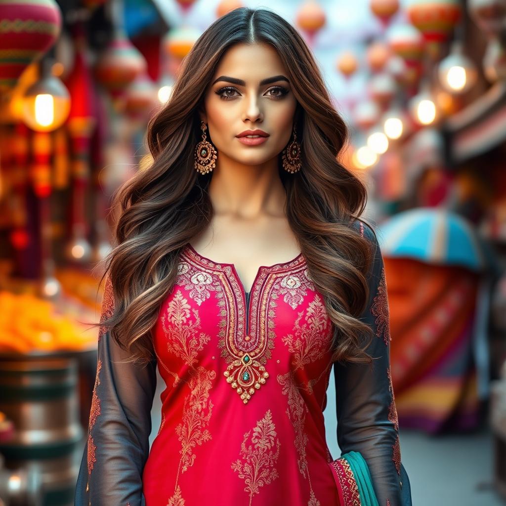 A stunning woman in a beautiful, elegantly designed shalwar kameez that hugs her figure perfectly