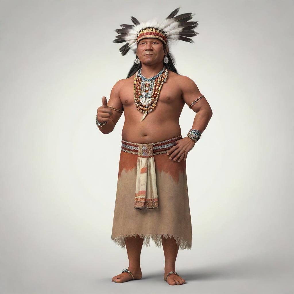 A full-body cartoon depiction of an indigenous man, lively and detailed. He is seen proudly displaying traditional attire and accessories, standing tall in a striking pose.