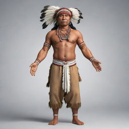 A full-body cartoon depiction of an indigenous man, lively and detailed. He is seen proudly displaying traditional attire and accessories, standing tall in a striking pose.