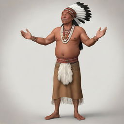 A full-body cartoon depiction of an indigenous man, lively and detailed. He is seen proudly displaying traditional attire and accessories, standing tall in a striking pose.