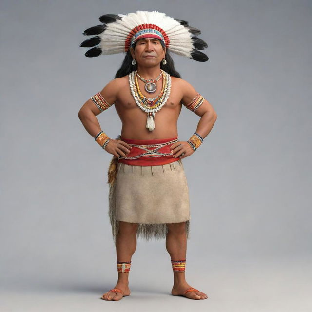 A full-body cartoon depiction of an indigenous man, lively and detailed. He is seen proudly displaying traditional attire and accessories, standing tall in a striking pose.