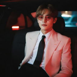 Kim Taehyung relaxing in a car illuminated by red lights, effortlessly pulling off a chic tuxedo suit and round glasses. He wears a gentle, tired smile, his eyes half-closed, emitting a mysterious charm.