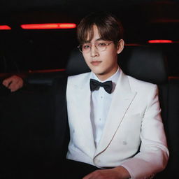 Kim Taehyung relaxing in a car illuminated by red lights, effortlessly pulling off a chic tuxedo suit and round glasses. He wears a gentle, tired smile, his eyes half-closed, emitting a mysterious charm.