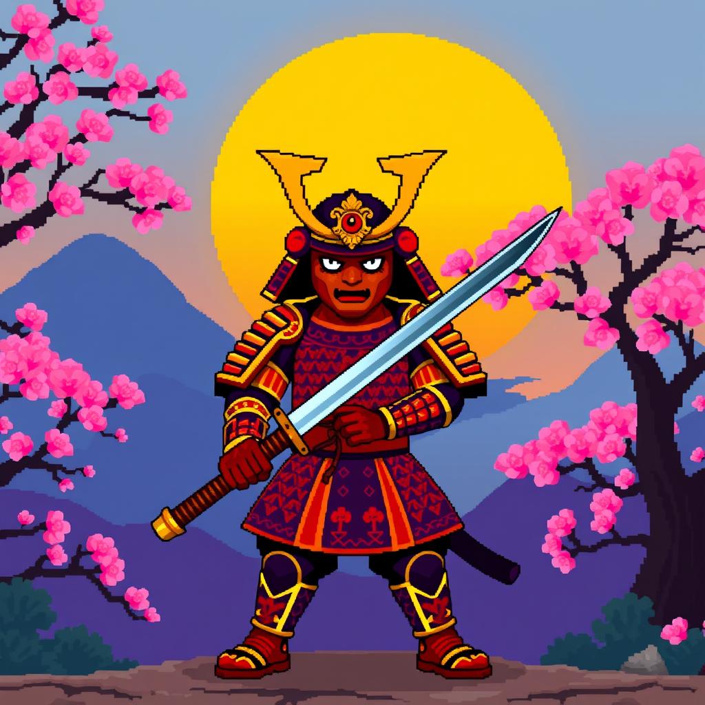 A pixel art samurai warrior standing bravely, holding a katana sword