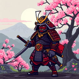 A pixel art samurai warrior standing bravely, holding a katana sword