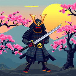 A pixel art samurai warrior standing bravely, holding a katana sword