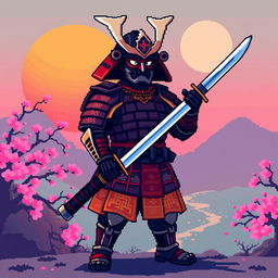 A pixel art samurai warrior standing bravely, holding a katana sword