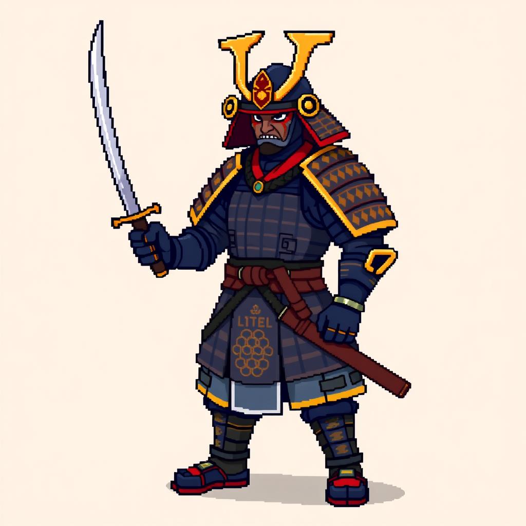 A pixel art samurai warrior standing confidently, holding a katana sword