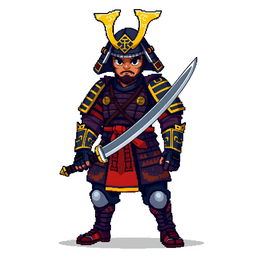 A pixel art samurai warrior standing confidently, holding a katana sword