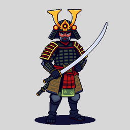 A pixel art samurai warrior standing confidently, holding a katana sword