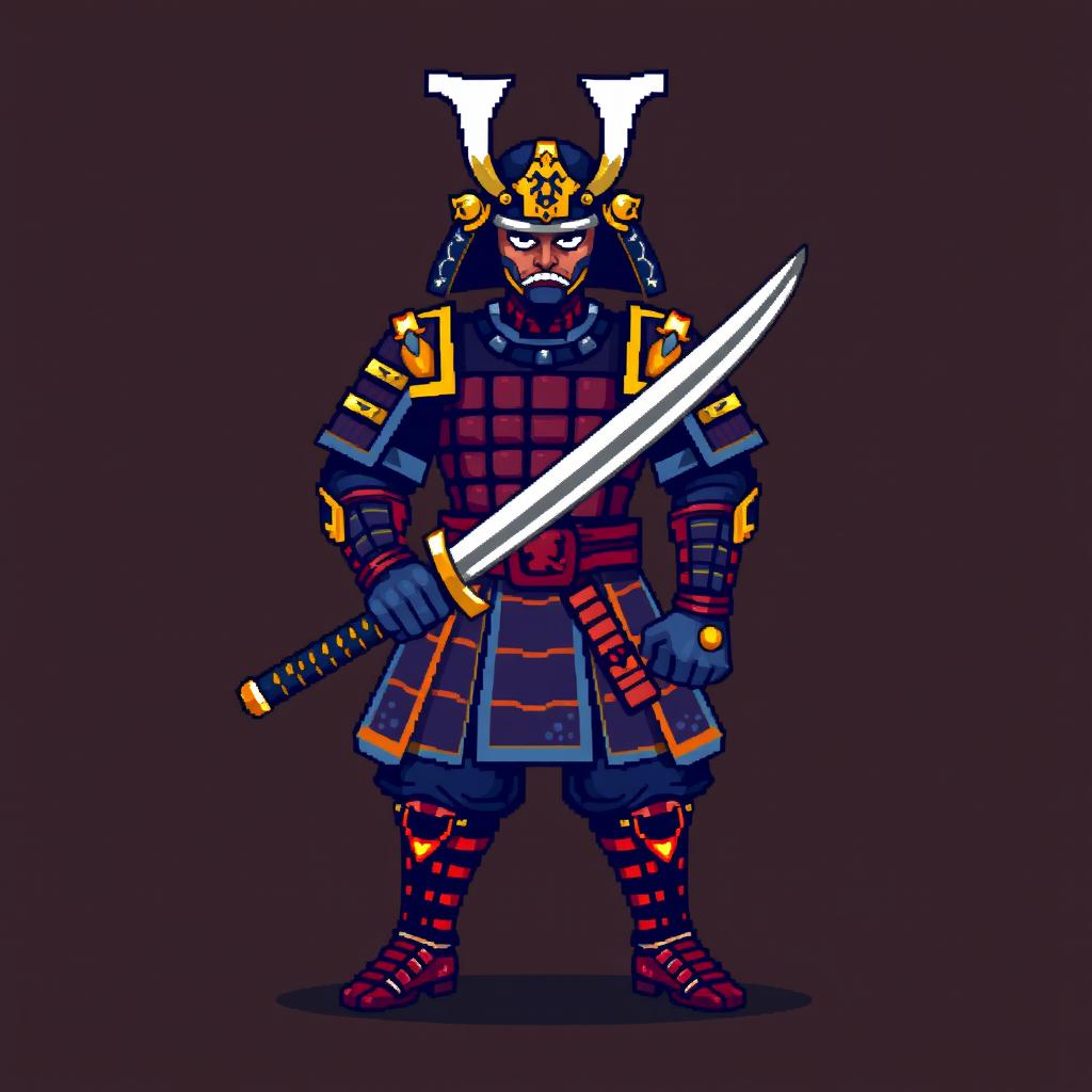 A pixel art samurai warrior standing confidently, holding a katana sword