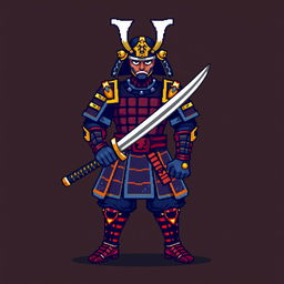 A pixel art samurai warrior standing confidently, holding a katana sword