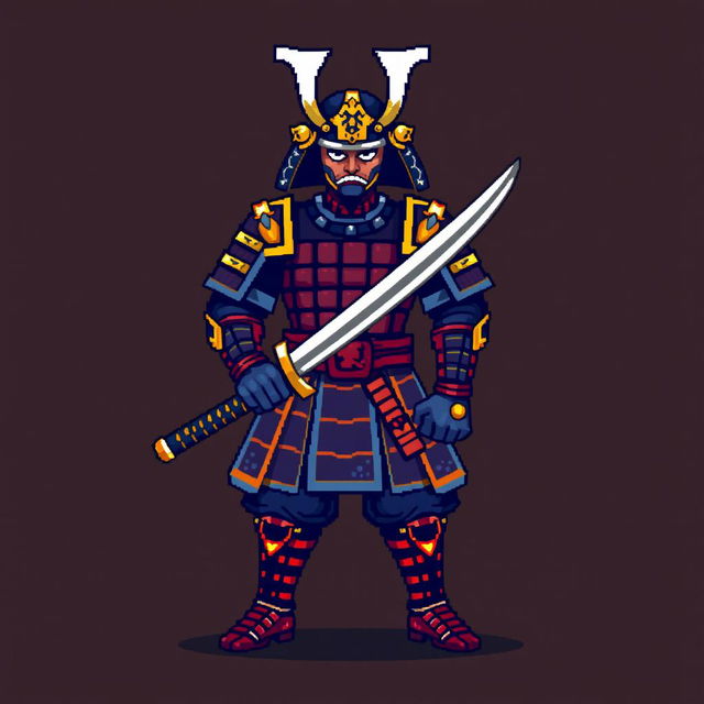 A pixel art samurai warrior standing confidently, holding a katana sword