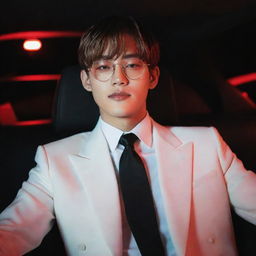 Kim Taehyung relaxing in a car illuminated by red lights, effortlessly pulling off a chic tuxedo suit and round glasses. He wears a gentle, tired smile, his eyes half-closed, emitting a mysterious charm.