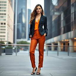 A stunning and confident woman wearing a stylish pant suit, showcasing a modern and fashionable look