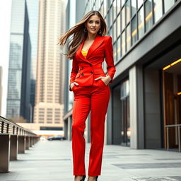 A stunning and confident woman wearing a stylish pant suit, showcasing a modern and fashionable look