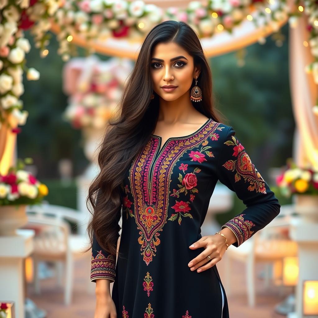 A stunningly attractive woman wearing a tight Pakistani shellwar kameez, showcasing intricate traditional embroidery with vibrant colors