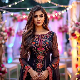 A stunningly attractive woman wearing a tight Pakistani shellwar kameez, showcasing intricate traditional embroidery with vibrant colors