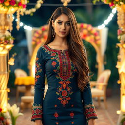 A stunningly attractive woman wearing a tight Pakistani shellwar kameez, showcasing intricate traditional embroidery with vibrant colors