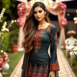 A stunningly attractive woman wearing a tight Pakistani shellwar kameez, showcasing intricate traditional embroidery with vibrant colors