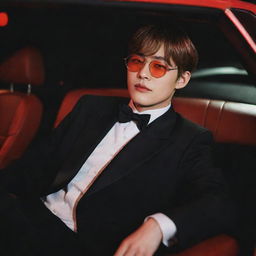 Kim Taehyung relaxing in a car illuminated by red lights, effortlessly pulling off a chic tuxedo suit and round glasses. He wears a gentle, tired smile, his eyes half-closed, emitting a mysterious charm.