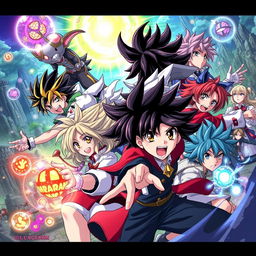 A dynamic and vibrant illustration of anime characters in a fantasy setting, showcasing their unique hairstyles, expressive faces, and exaggerated features