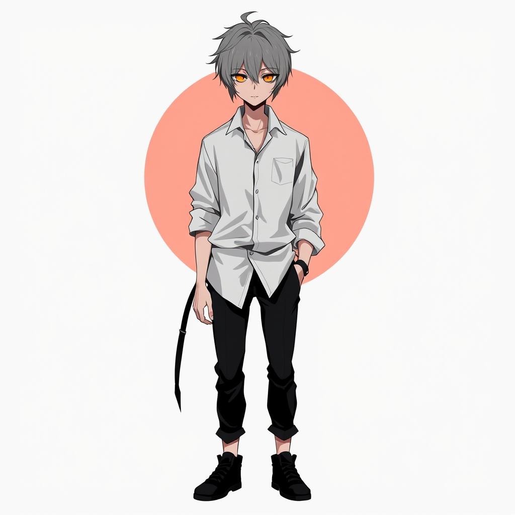 A character design of a grey-haired, emotionless young man with orange, hollow eyes