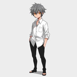 A character design of a grey-haired, emotionless young man with orange, hollow eyes