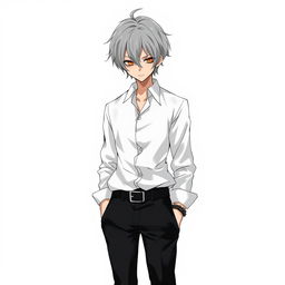 A character design of a grey-haired, emotionless young man with orange, hollow eyes