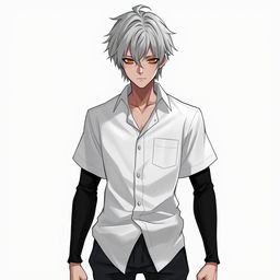 A character design of a grey-haired, emotionless young man with orange, hollow eyes