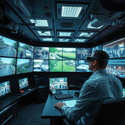 A high-tech surveillance room filled with multiple screens displaying live feeds of various environments, including busy city streets, serene parks, and crowded indoor venues