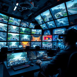 A high-tech surveillance room filled with multiple screens displaying live feeds of various environments, including busy city streets, serene parks, and crowded indoor venues