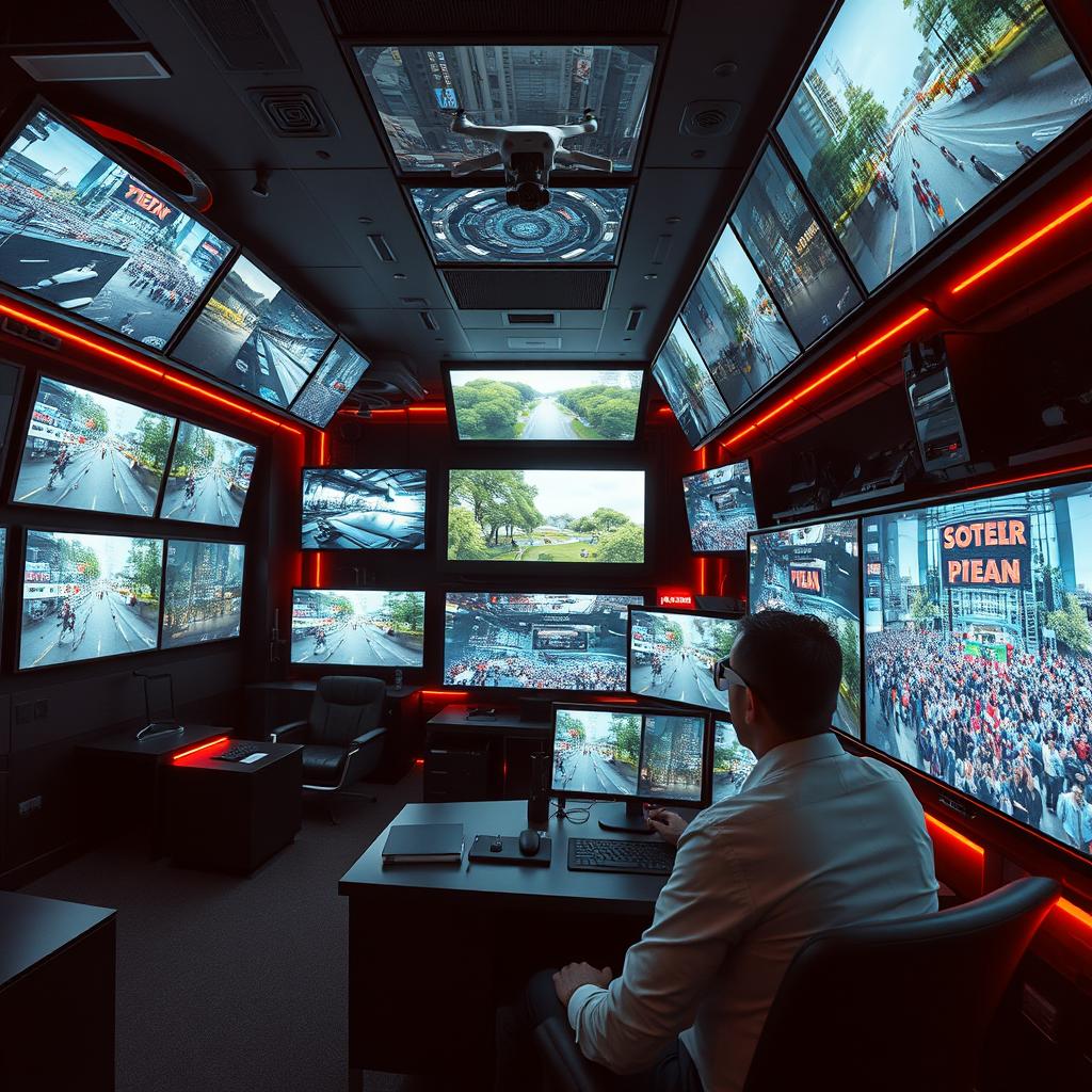 A high-tech surveillance room filled with multiple screens displaying live feeds of various environments, including busy city streets, serene parks, and crowded indoor venues