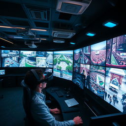 A high-tech surveillance room filled with multiple screens displaying live feeds of various environments, including busy city streets, serene parks, and crowded indoor venues