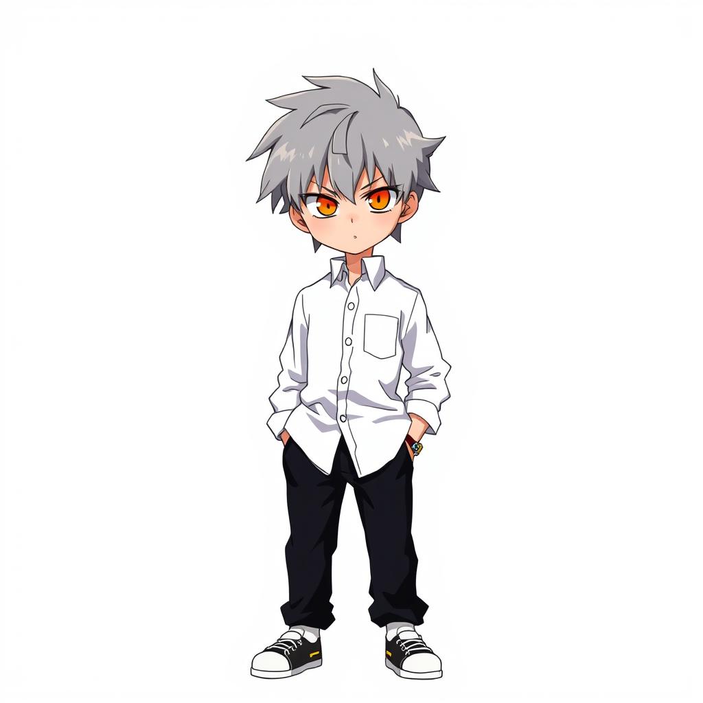 A character design in 2000s anime style featuring a grey-haired, emotionless young man with striking orange, hollow eyes