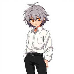 A character design in 2000s anime style featuring a grey-haired, emotionless young man with striking orange, hollow eyes